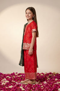 Red Geometric Printed Straight Kurta with Palazzo and Dupatta Set