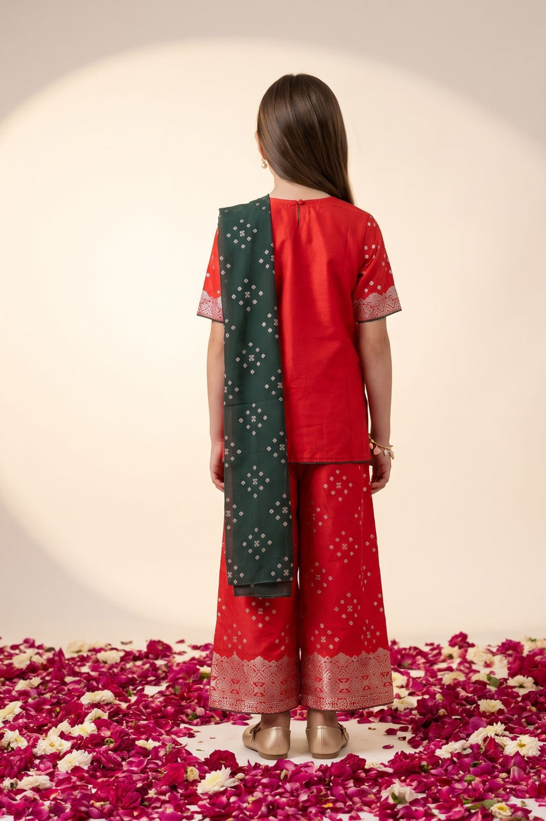 Red Geometric Printed Straight Kurta with Palazzo and Dupatta Set