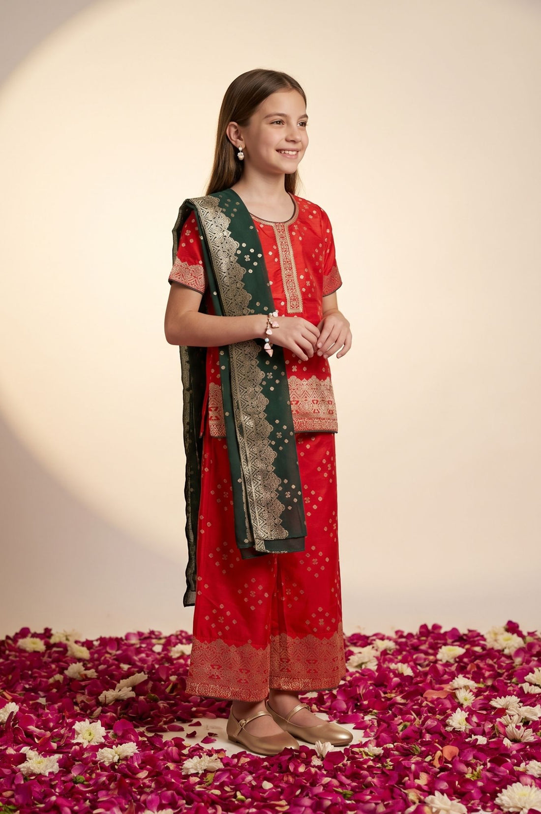 Red Geometric Printed Straight Kurta with Palazzo and Dupatta Set