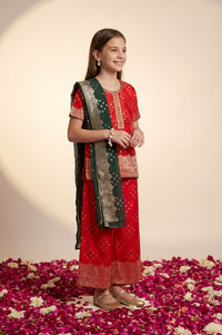 Red Geometric Printed Straight Kurta with Palazzo and Dupatta Set
