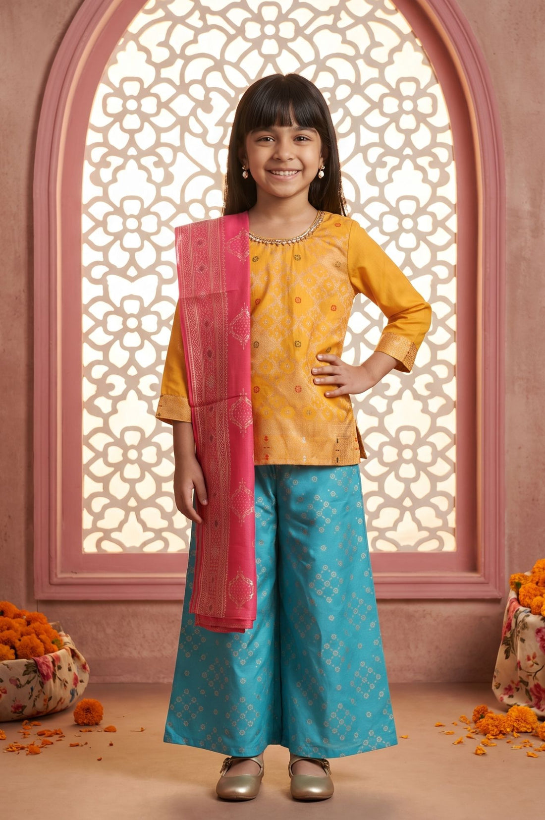 Yellow Beadwork Block Printed Straight Kurta with Palazzo and Dupatta Set
