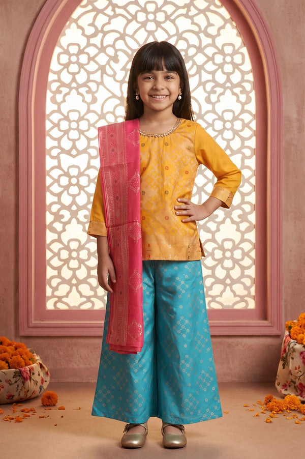 Yellow Beadwork Block Printed Straight Kurta with Palazzo and Dupatta Set