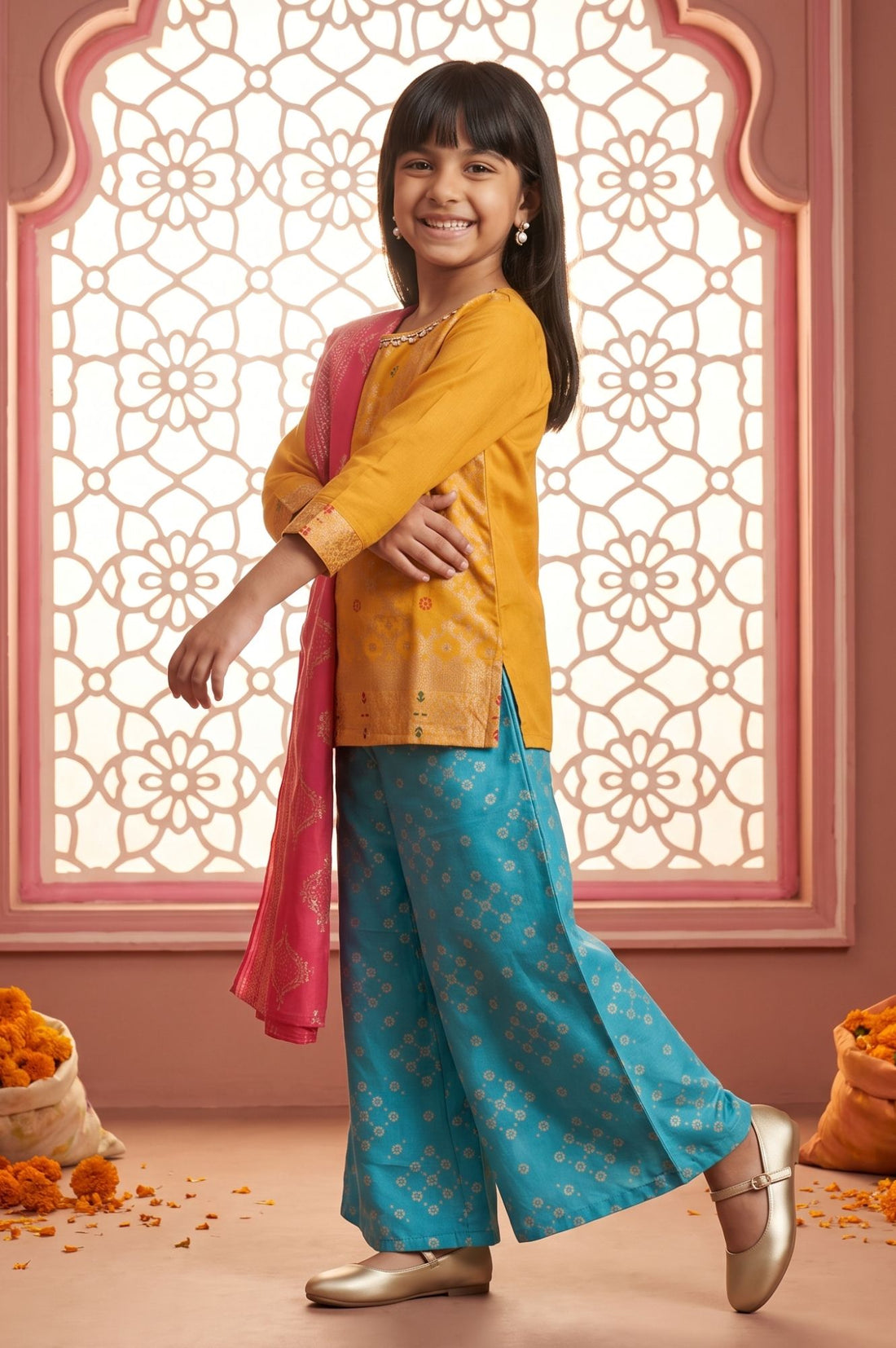 Yellow Beadwork Block Printed Straight Kurta with Palazzo and Dupatta Set