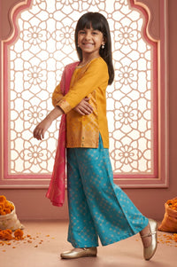 Yellow Beadwork Block Printed Straight Kurta with Palazzo and Dupatta Set