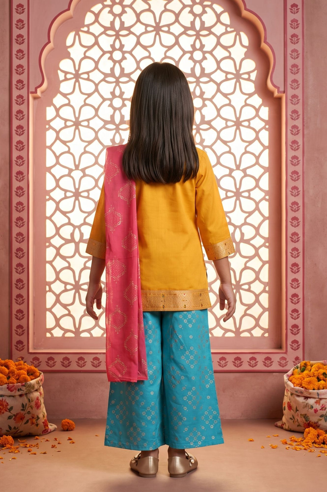 Yellow Beadwork Block Printed Straight Kurta with Palazzo and Dupatta Set