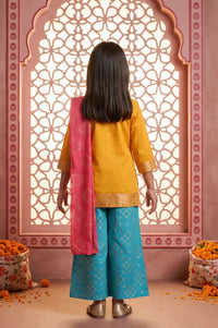 Yellow Beadwork Block Printed Straight Kurta with Palazzo and Dupatta Set