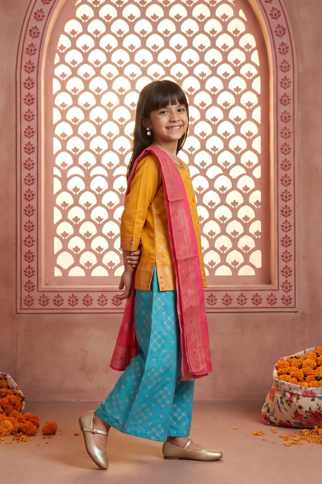 Yellow Beadwork Block Printed Straight Kurta with Palazzo and Dupatta Set