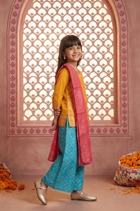 Yellow Beadwork Block Printed Straight Kurta with Palazzo and Dupatta Set