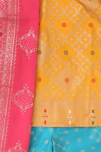 Yellow Beadwork Block Printed Straight Kurta with Palazzo and Dupatta Set