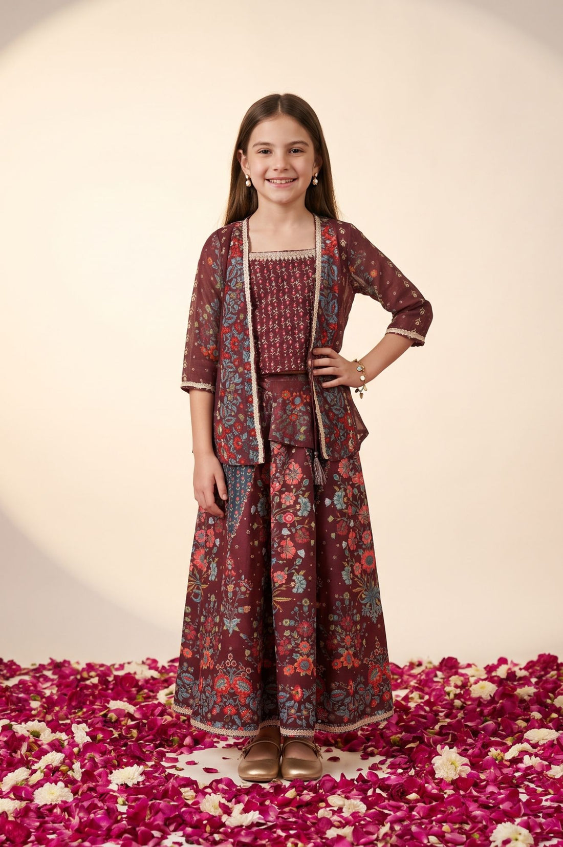 Maroon Floral Printed Lace Sequins Crepe Sleeveless Straight Gillet with Crop Top and Skirt Set