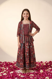 Maroon Floral Printed Lace Sequins Crepe Sleeveless Straight Gillet with Crop Top and Skirt Set
