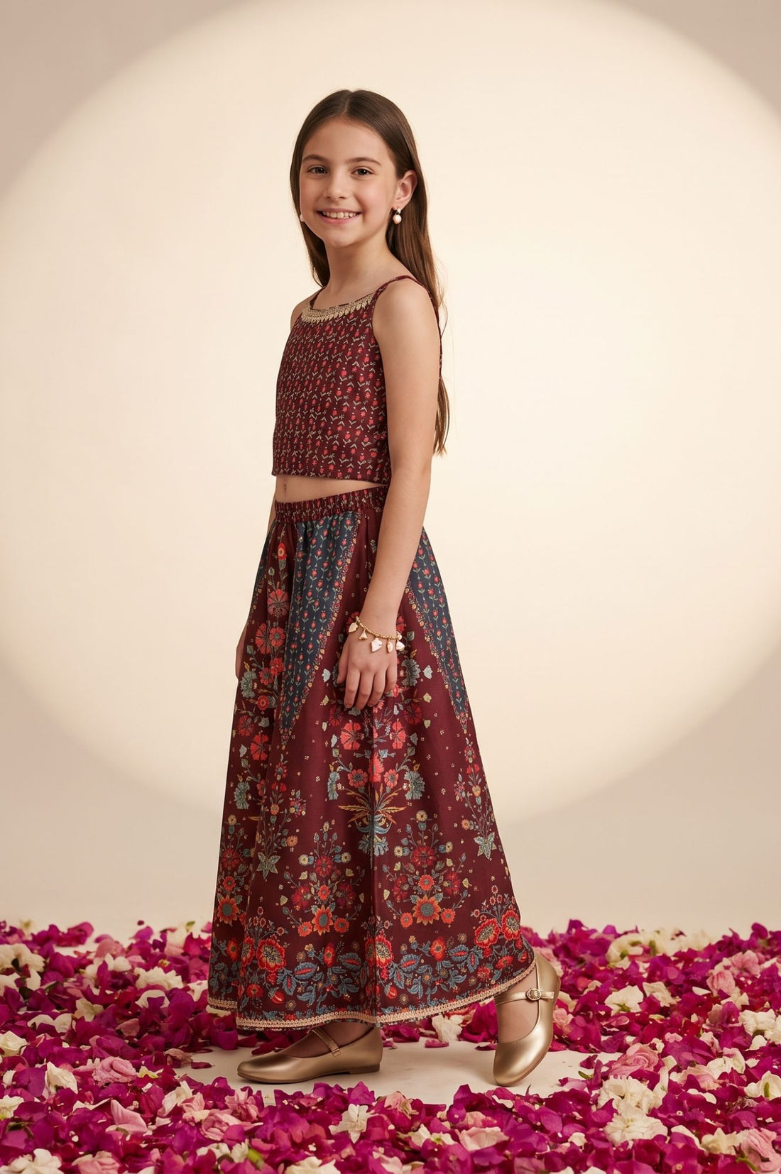 Maroon Floral Printed Lace Sequins Crepe Sleeveless Straight Gillet with Crop Top and Skirt Set
