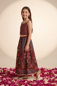 Maroon Floral Printed Lace Sequins Crepe Sleeveless Straight Gillet with Crop Top and Skirt Set