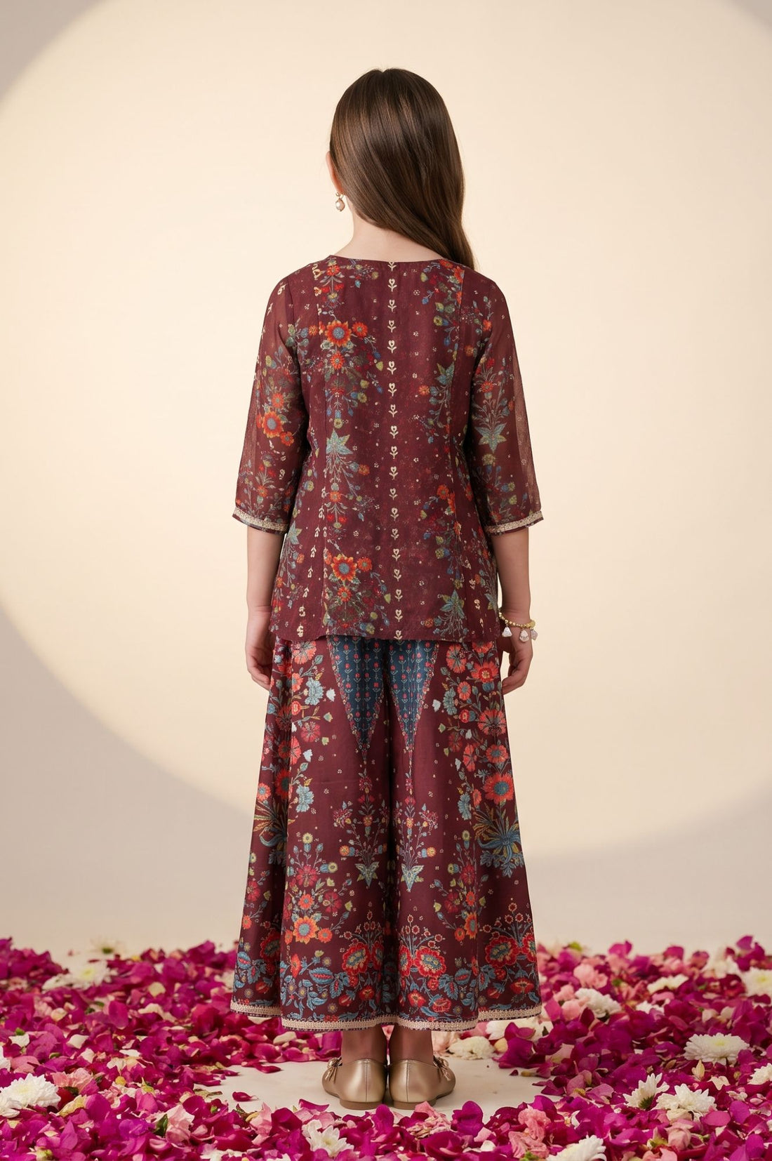 Maroon Floral Printed Lace Sequins Crepe Sleeveless Straight Gillet with Crop Top and Skirt Set
