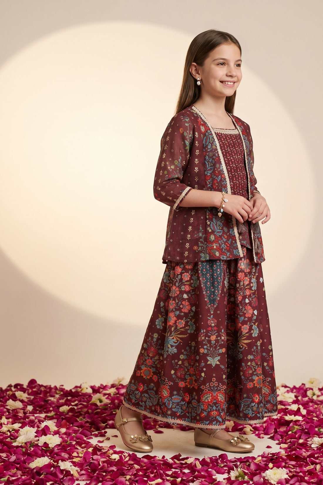 Maroon Floral Printed Lace Sequins Crepe Sleeveless Straight Gillet with Crop Top and Skirt Set