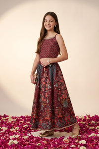 Maroon Floral Printed Lace Sequins Crepe Sleeveless Straight Gillet with Crop Top and Skirt Set