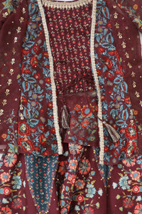 Maroon Floral Printed Lace Sequins Crepe Sleeveless Straight Gillet with Crop Top and Skirt Set