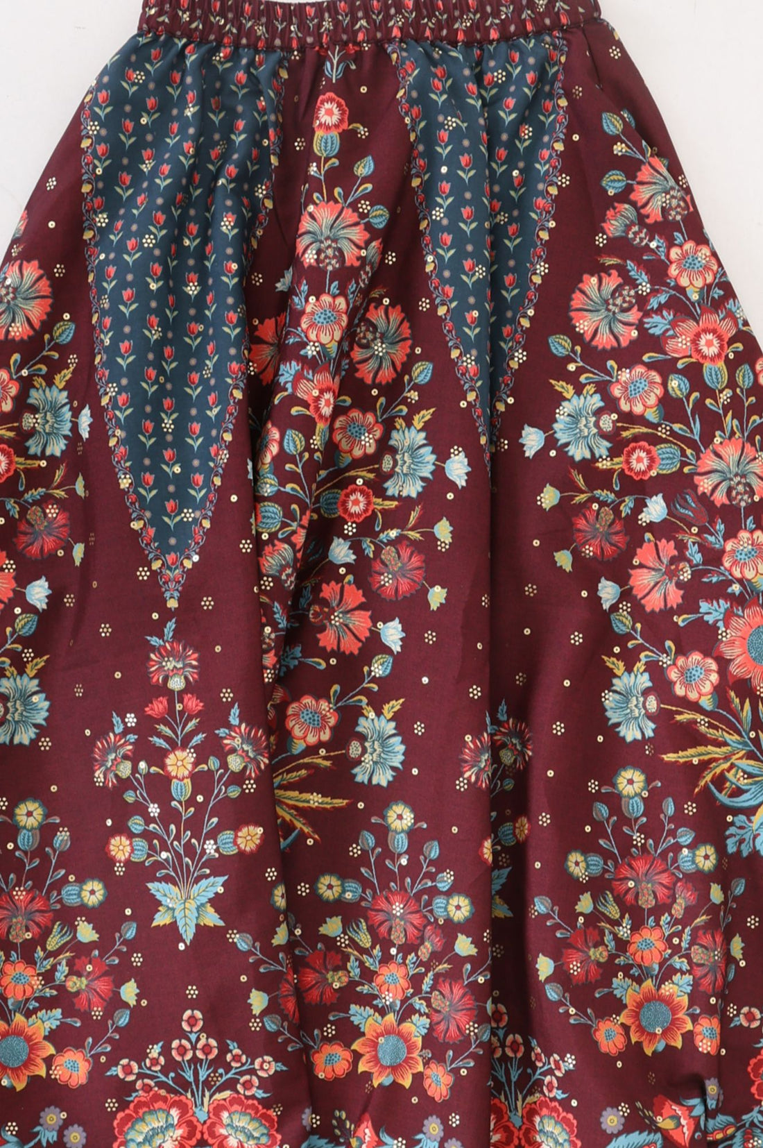 Maroon Floral Printed Lace Sequins Crepe Sleeveless Straight Gillet with Crop Top and Skirt Set