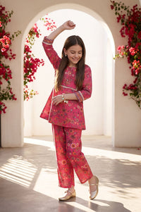 Pink Floral Printed Sequins Straight Kurta with Trousers and Dupatta Set