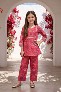 Pink Floral Printed Sequins Straight Kurta with Trousers and Dupatta Set