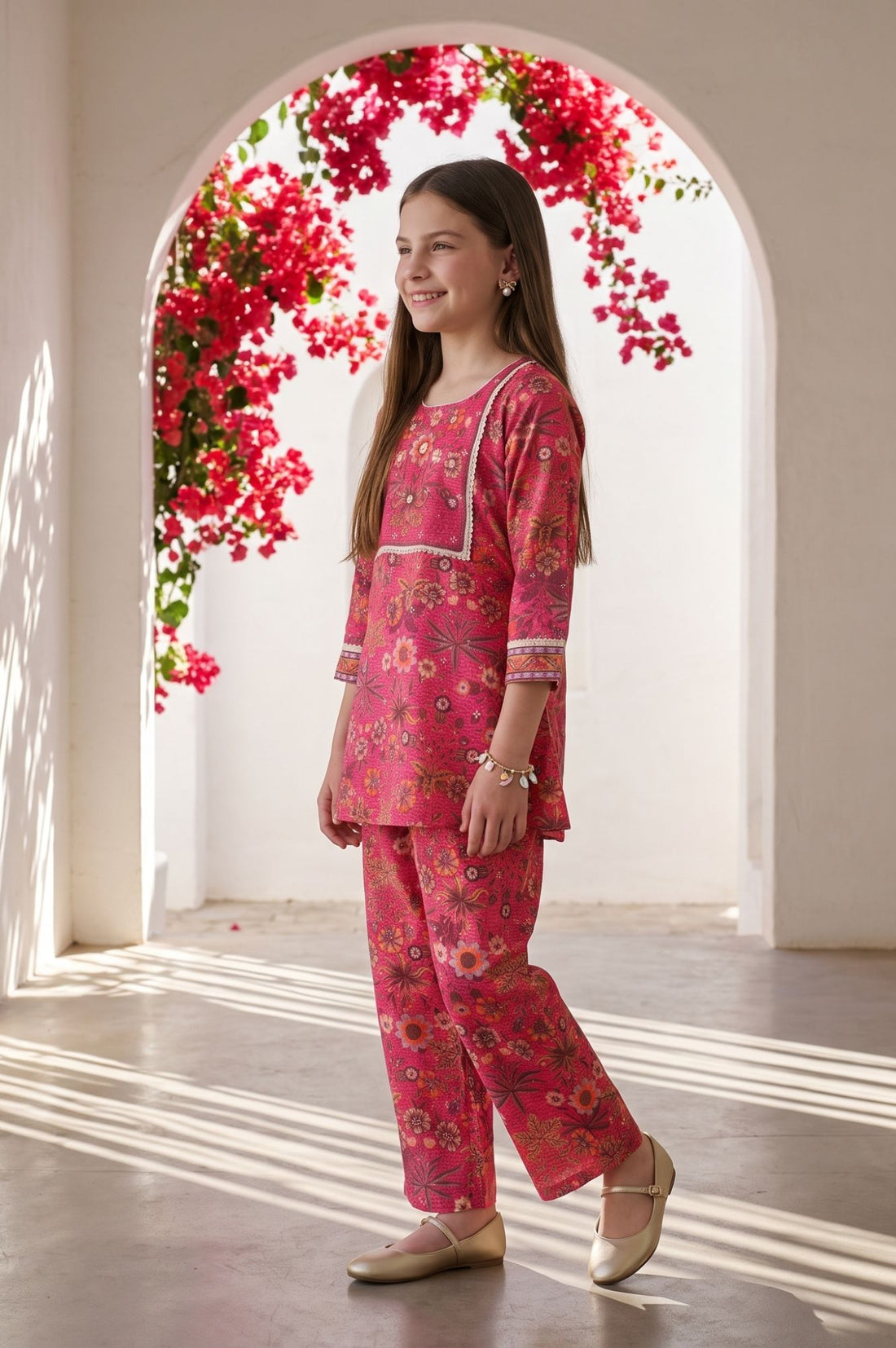Pink Floral Printed Sequins Straight Kurta with Trousers and Dupatta Set