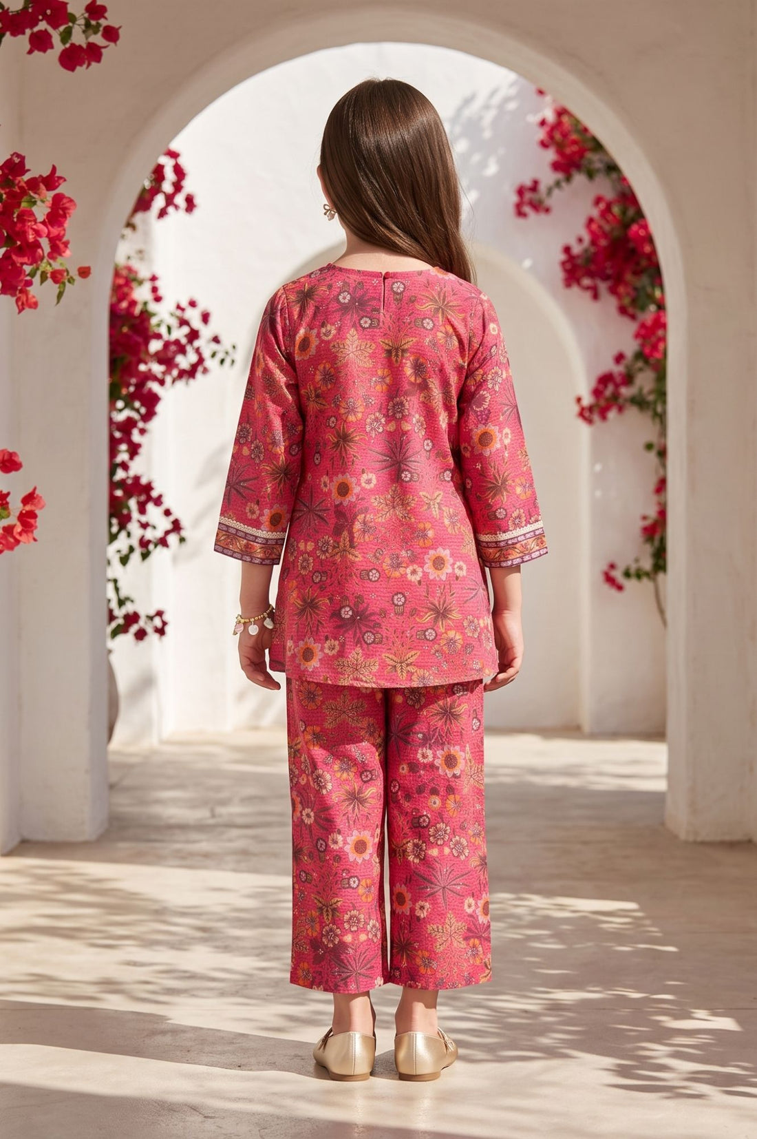 Pink Floral Printed Sequins Straight Kurta with Trousers and Dupatta Set