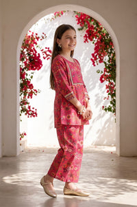 Pink Floral Printed Sequins Straight Kurta with Trousers and Dupatta Set
