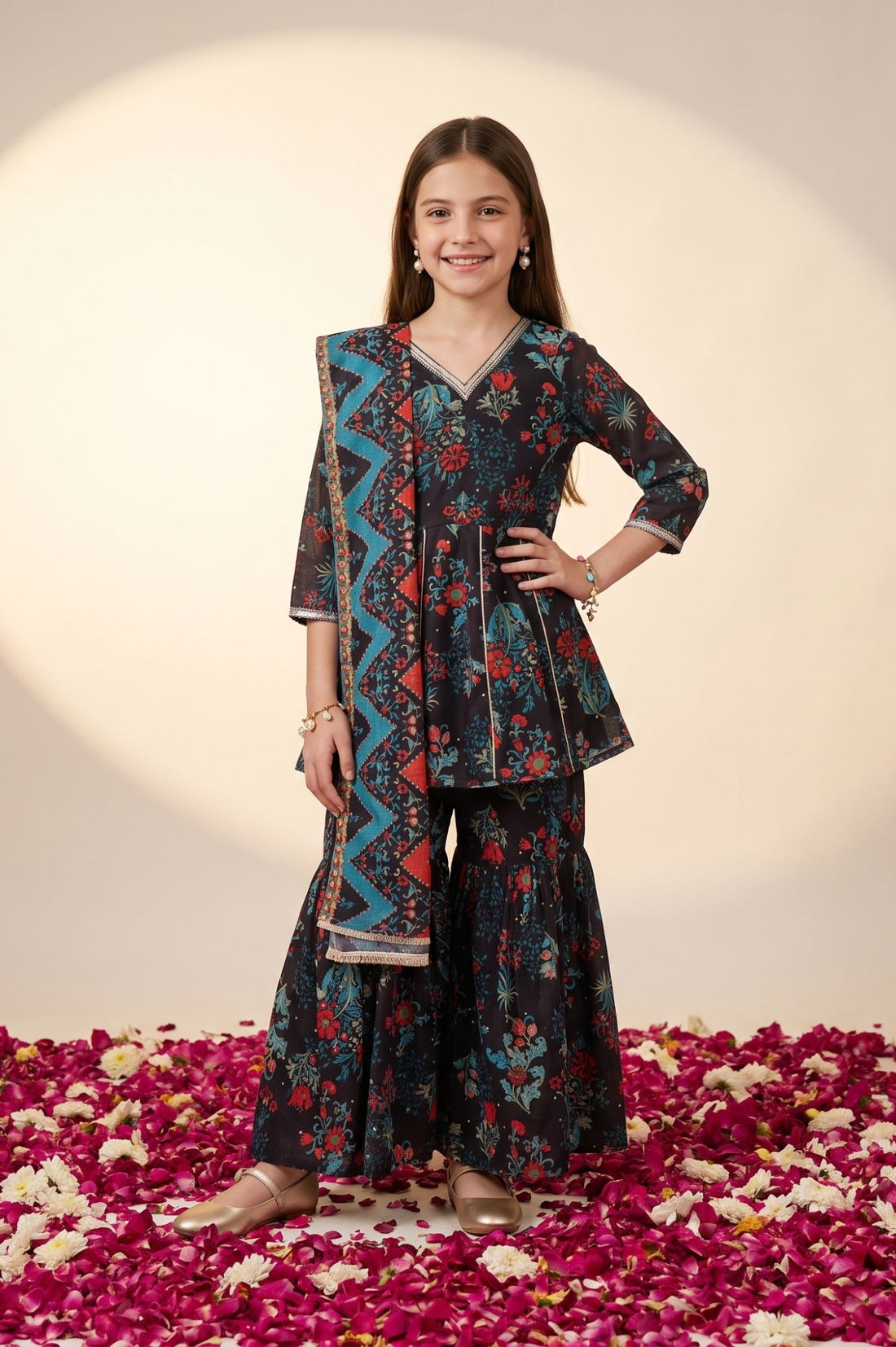 Navy Blue Floral Printed Lace Georgette Flared Kurta with Sharara and Dupatta Set