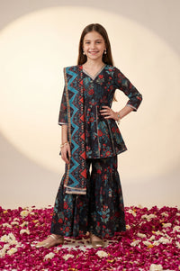Navy Blue Floral Printed Lace Georgette Flared Kurta with Sharara and Dupatta Set