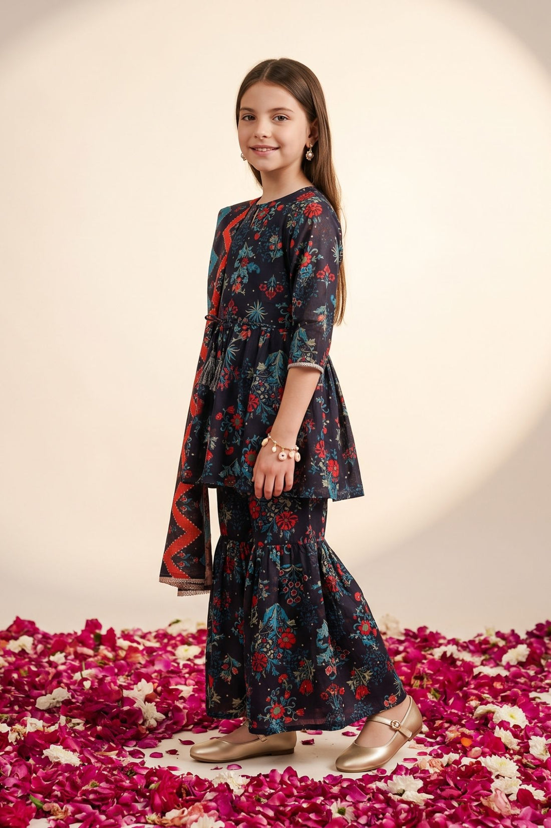 Navy Blue Floral Printed Lace Georgette Flared Kurta with Sharara and Dupatta Set