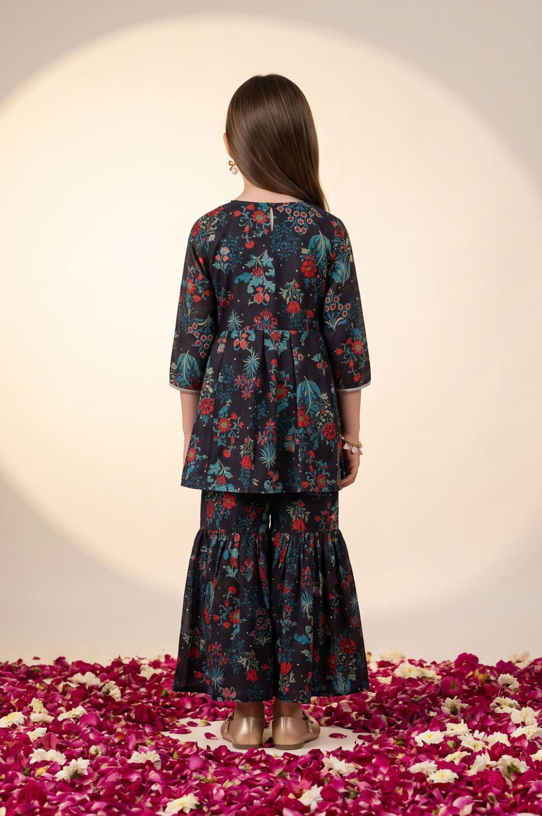 Navy Blue Floral Printed Lace Georgette Flared Kurta with Sharara and Dupatta Set