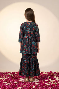 Navy Blue Floral Printed Lace Georgette Flared Kurta with Sharara and Dupatta Set