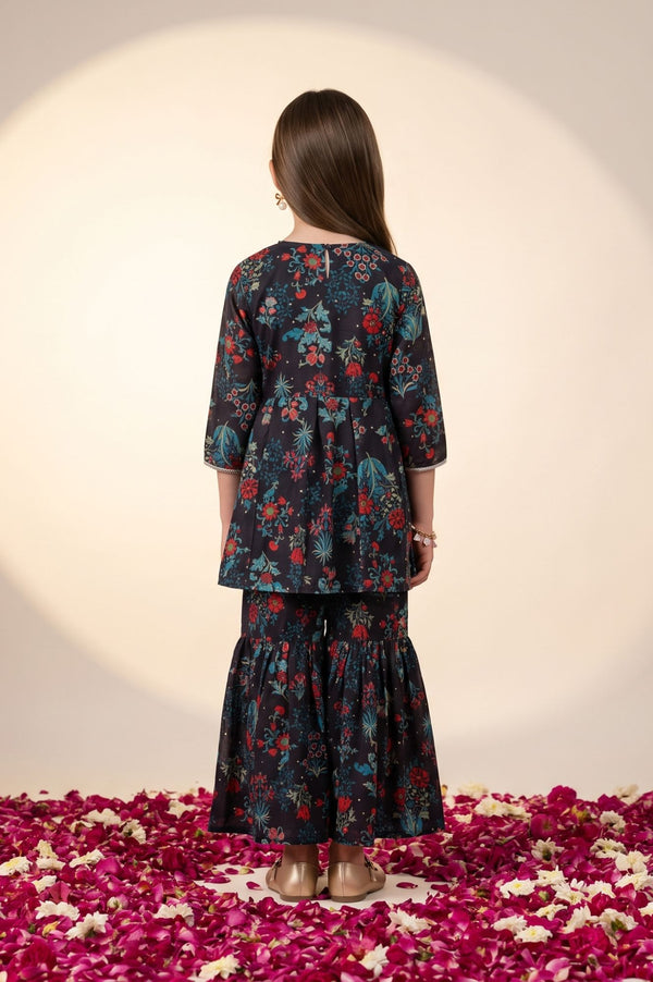 Navy Blue Floral Printed Lace Georgette Flared Kurta with Sharara and Dupatta Set