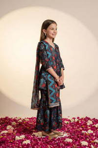 Navy Blue Floral Printed Lace Georgette Flared Kurta with Sharara and Dupatta Set