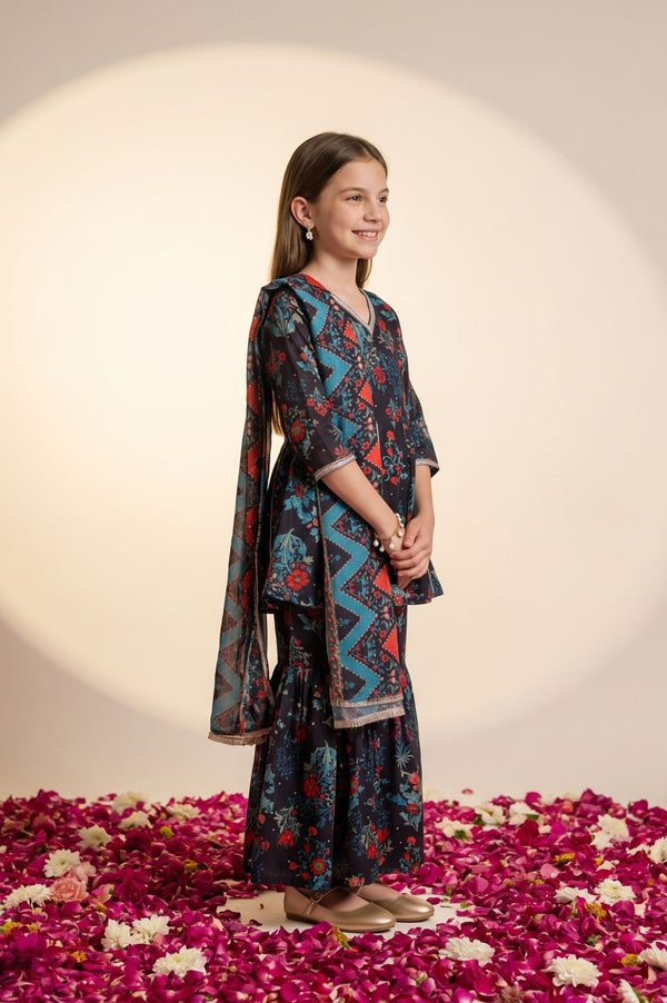 Navy Blue Floral Printed Lace Georgette Flared Kurta with Sharara and Dupatta Set