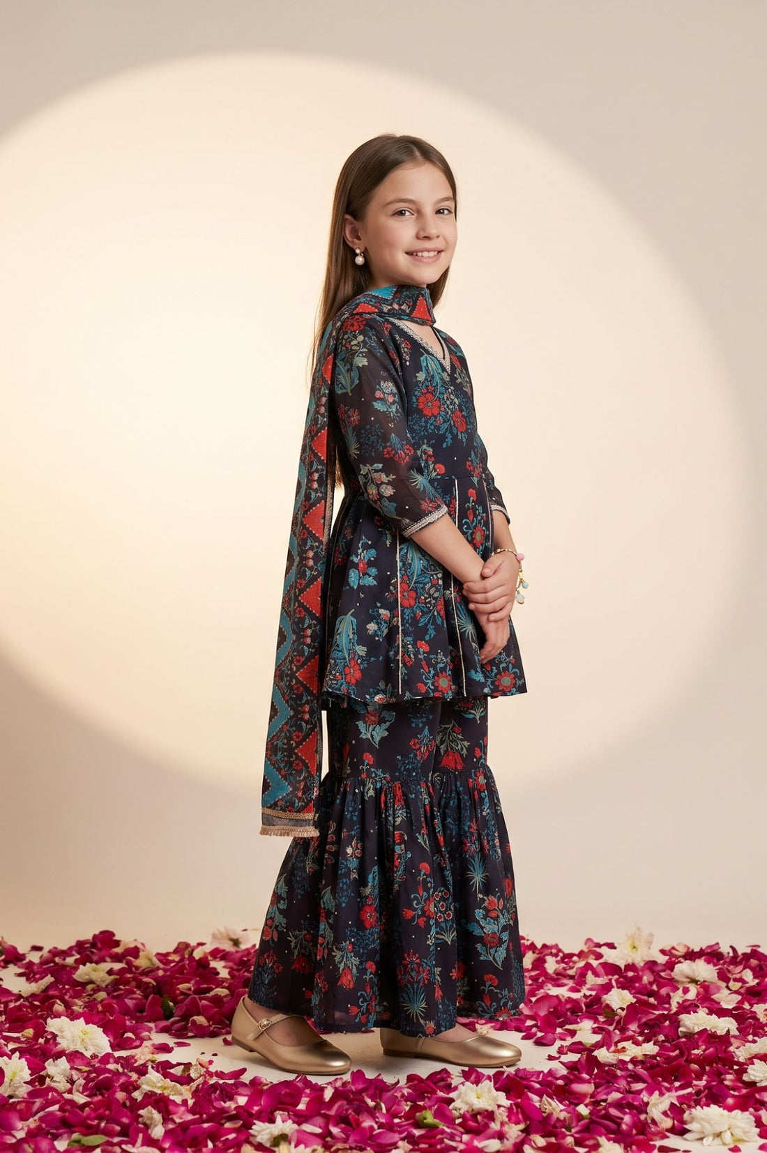 Navy Blue Floral Printed Lace Georgette Flared Kurta with Sharara and Dupatta Set