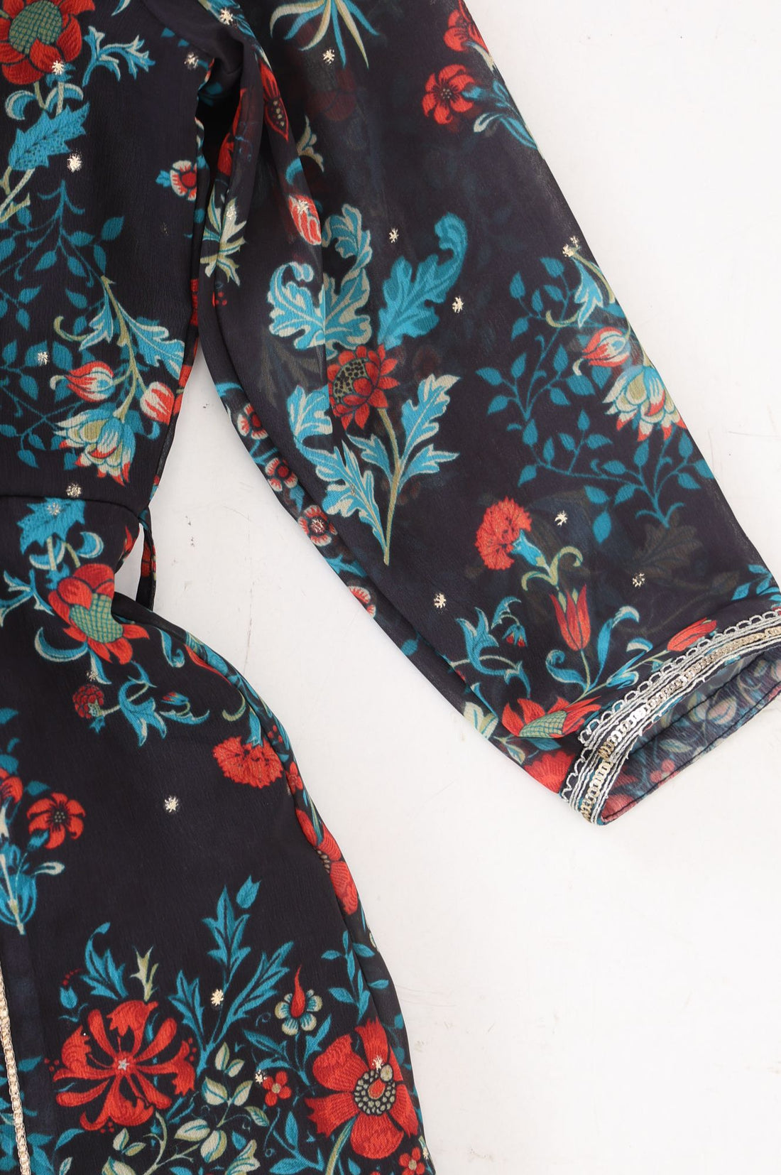 Navy Blue Floral Printed Lace Georgette Flared Kurta with Sharara and Dupatta Set