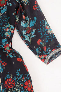 Navy Blue Floral Printed Lace Georgette Flared Kurta with Sharara and Dupatta Set