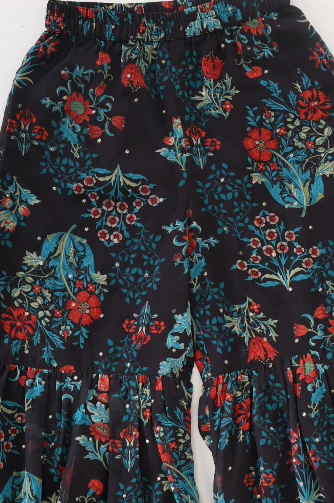 Navy Blue Floral Printed Lace Georgette Flared Kurta with Sharara and Dupatta Set