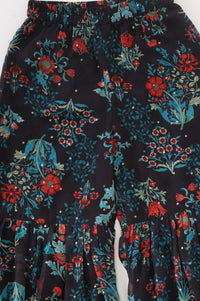 Navy Blue Floral Printed Lace Georgette Flared Kurta with Sharara and Dupatta Set