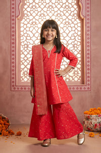 Red Floral Printed Lace Straight Kurta with Palazzo and Dupatta Set