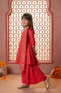 Red Floral Printed Lace Straight Kurta with Palazzo and Dupatta Set