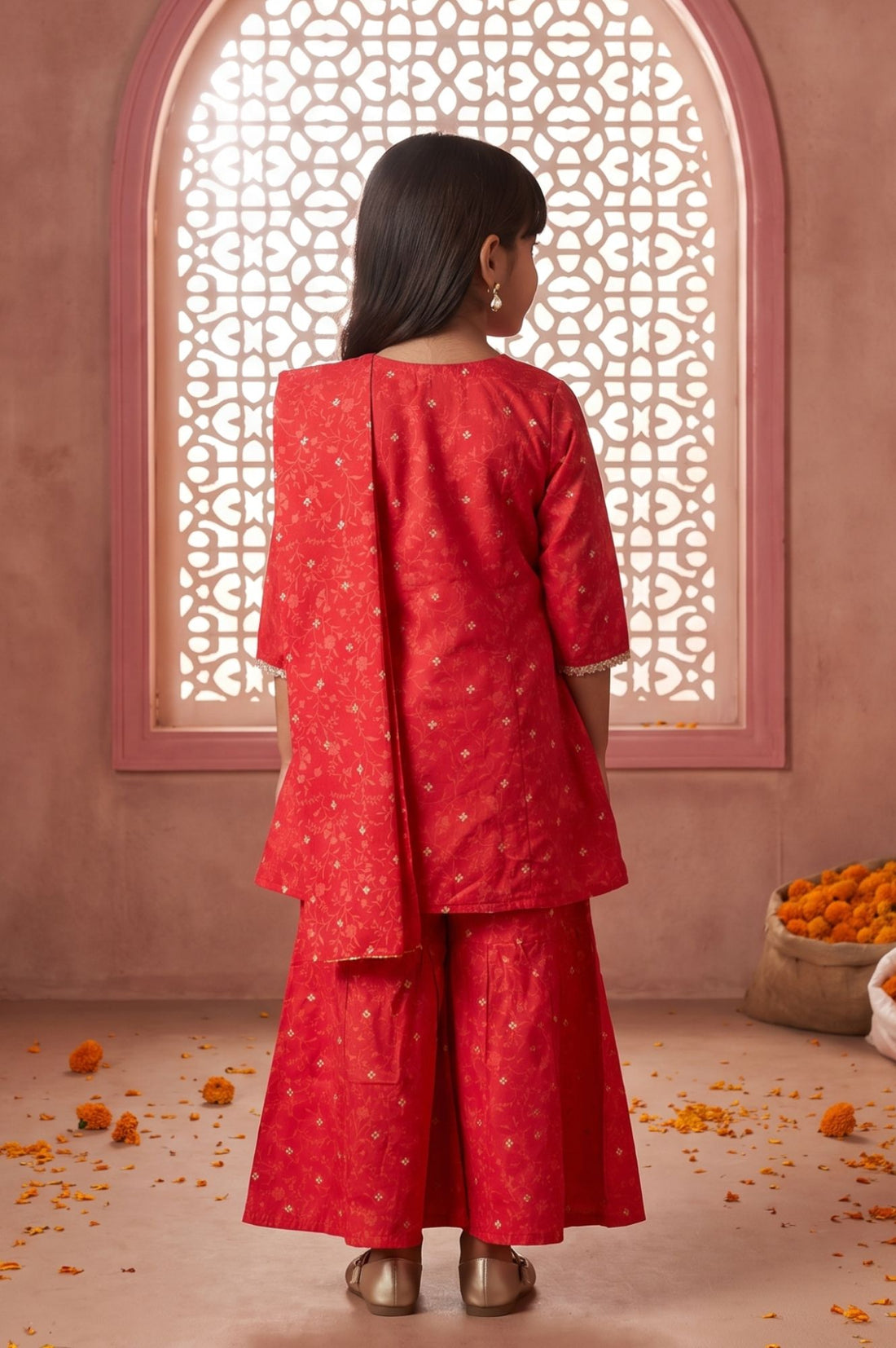 Red Floral Printed Lace Straight Kurta with Palazzo and Dupatta Set
