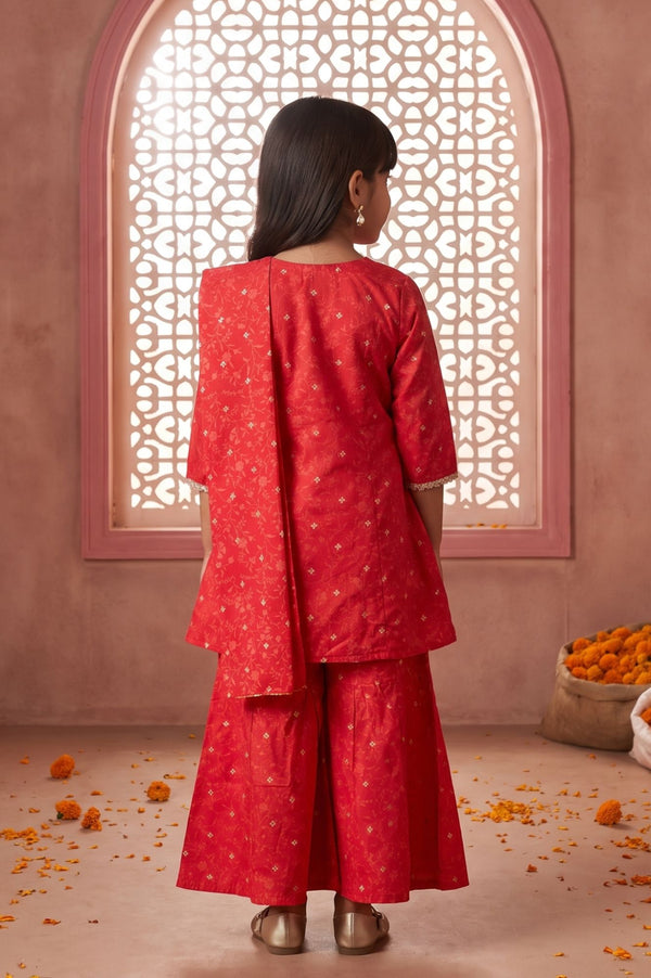 Red Floral Printed Lace Straight Kurta with Palazzo and Dupatta Set