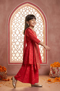 Red Floral Printed Lace Straight Kurta with Palazzo and Dupatta Set