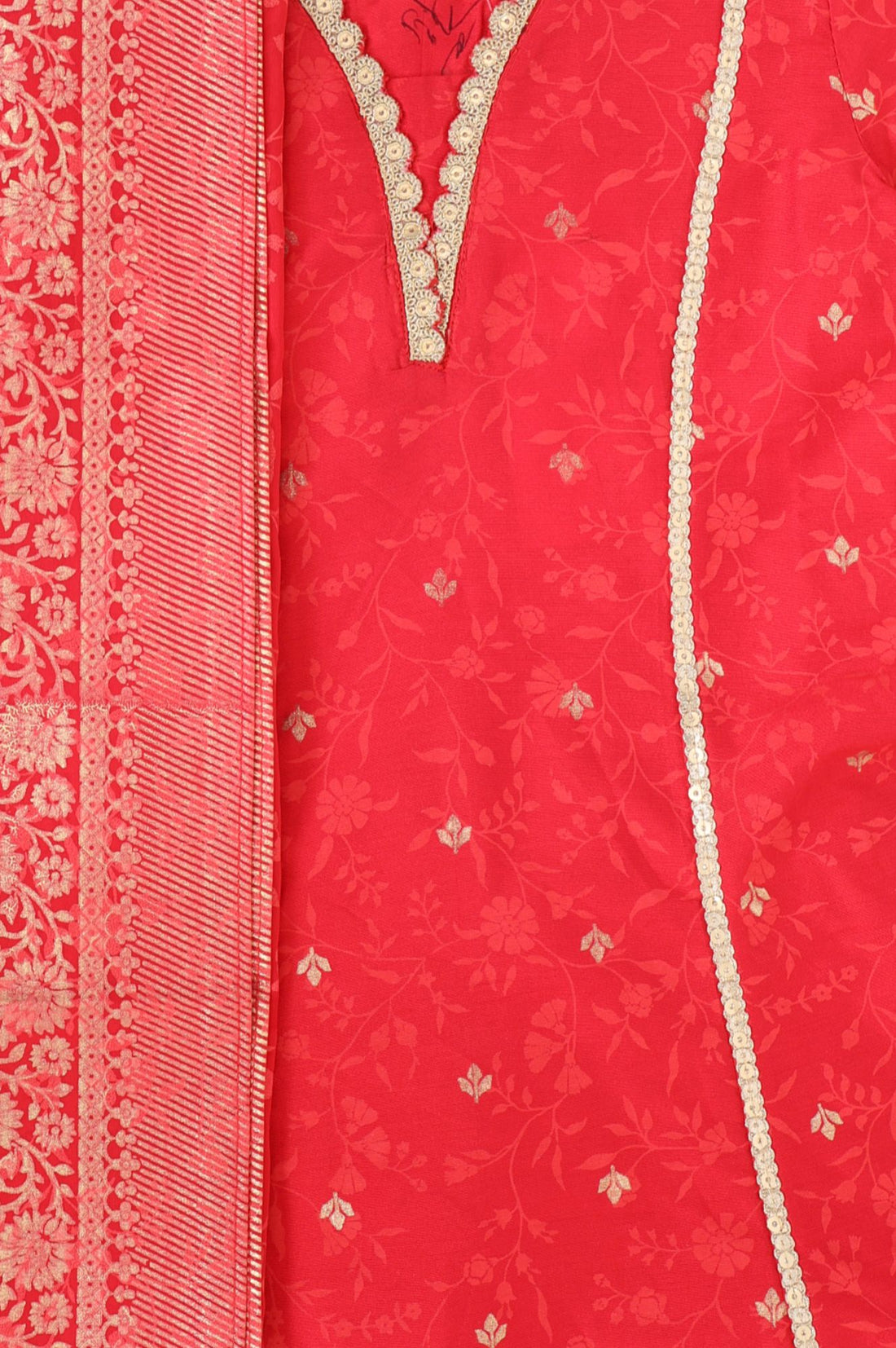 Red Floral Printed Lace Straight Kurta with Palazzo and Dupatta Set