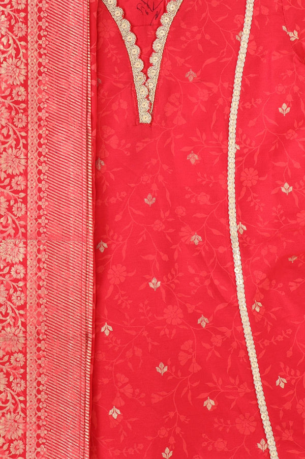 Red Floral Printed Lace Straight Kurta with Palazzo and Dupatta Set