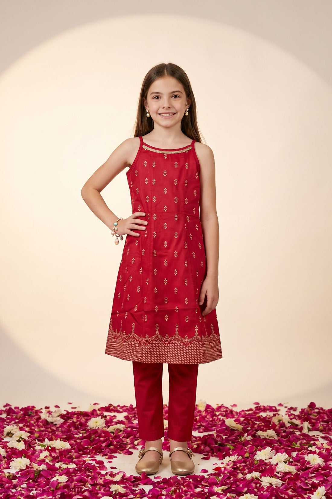 Red Foil Printed A-line Kurta with Jacket and Trousers Set