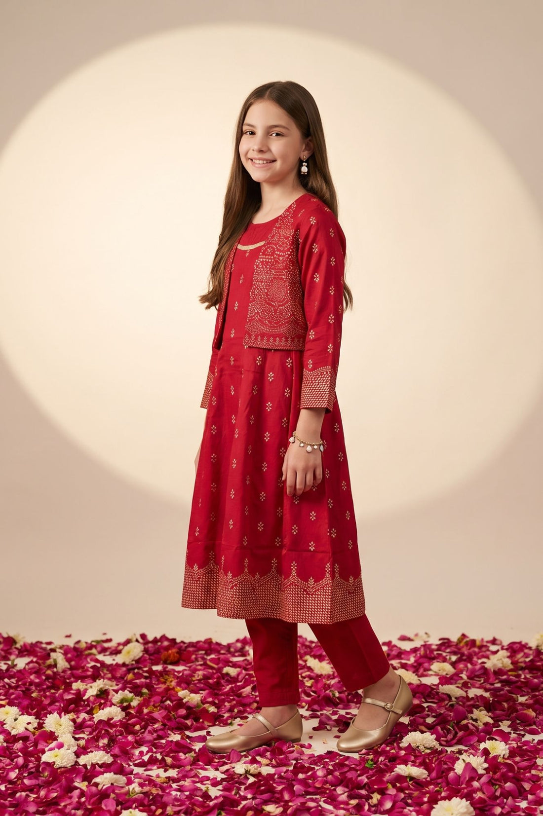 Red Foil Printed A-line Kurta with Jacket and Trousers Set