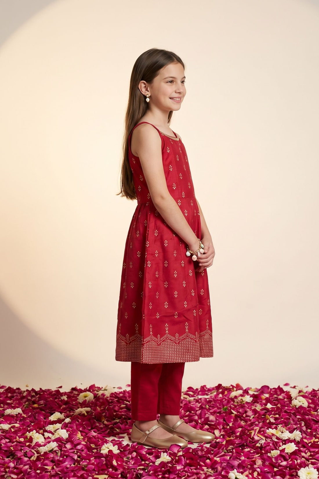 Red Foil Printed A-line Kurta with Jacket and Trousers Set